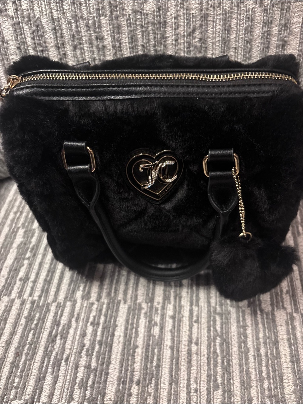 Juicy Couture Black Faux Fur Satchel with Heart Emblem
